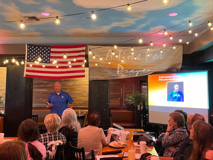 LAHS Football Coach Ray Fenton speaks to the Los Alamitos Chamber of Commerce April 1, 2022 at Maderas Steakhouse. Fenton spo